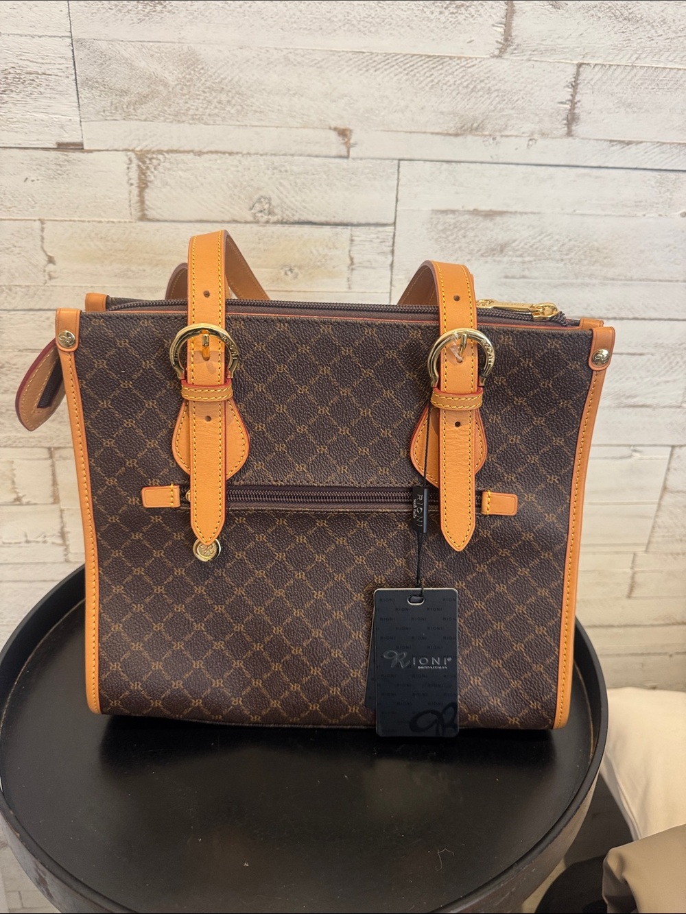 Rioni Brown Monogram Tote with Tan Trim